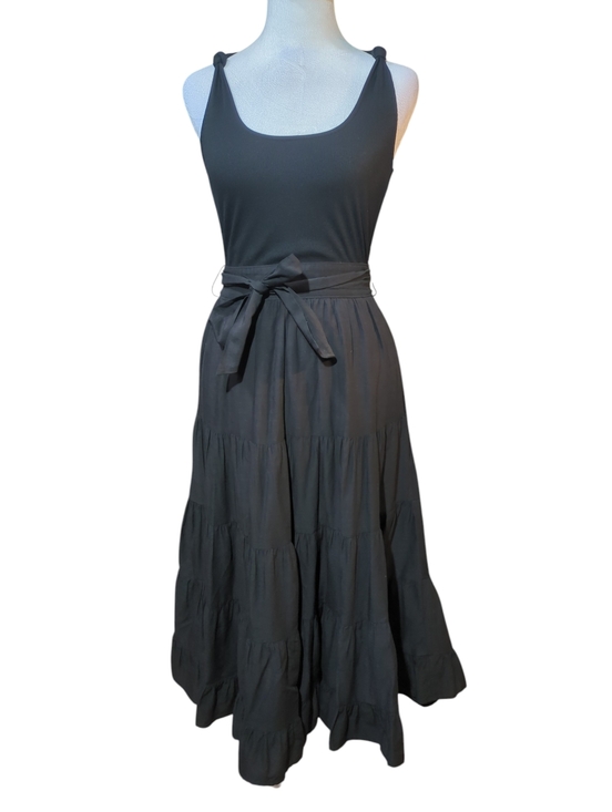 PAIGE Dresses & Skirts - PAIGE Black Tiered Midi Skirt Sleeveless  Scoop neckline Tie waist belt Tie